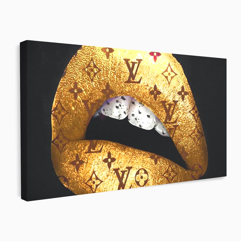 Tablou canvas cu tablou canvas cu buze aurii si model louis vuitton, fara rama, pe sasiu de lemn